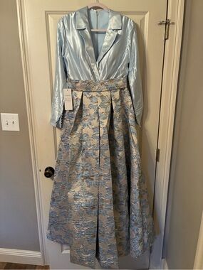 Elegant Light Blue Satin and Brocade Gown